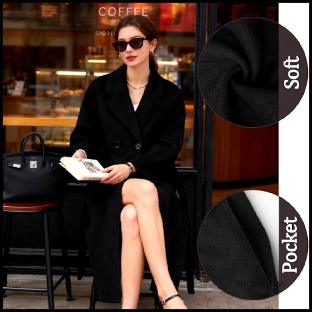 Wool Blend Long Pea Coat Double Breasted Notched Lapel Trench Coat - Picture 5 of 7